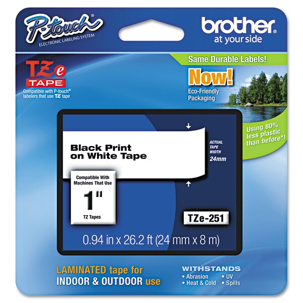 Brother P-Touch TZe Adhesive Laminated Labeling Tape, 0.94x26.2 ft, Black on White TZE251